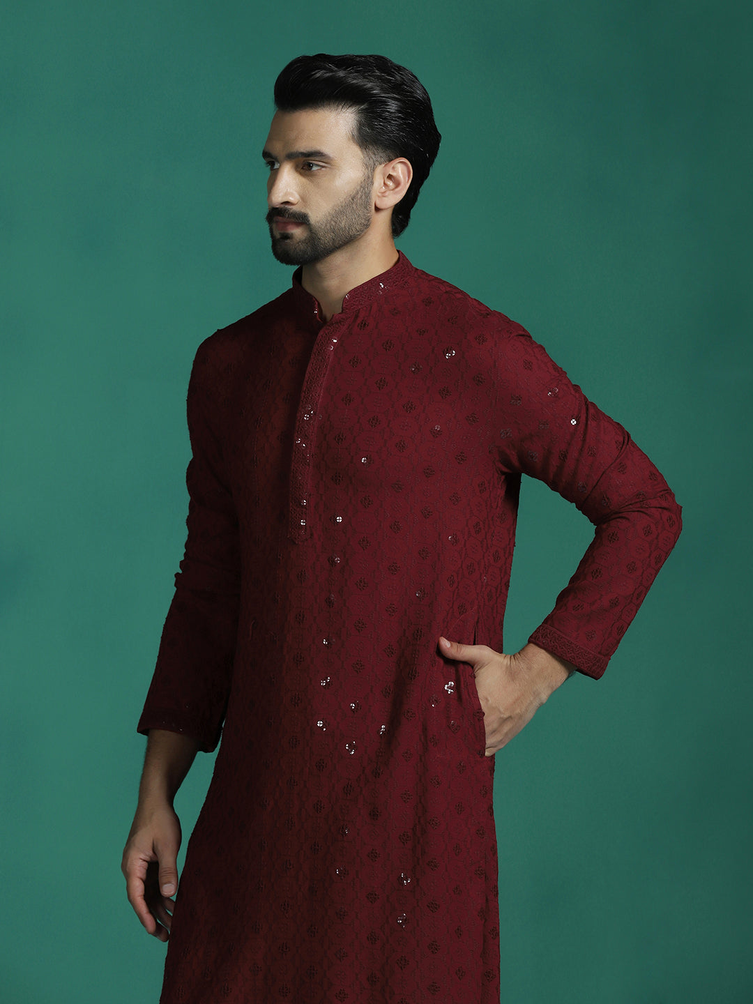 Zavaya Men Red Embroidery Cotton Blend Kurta Pyjama Set | Grocsy