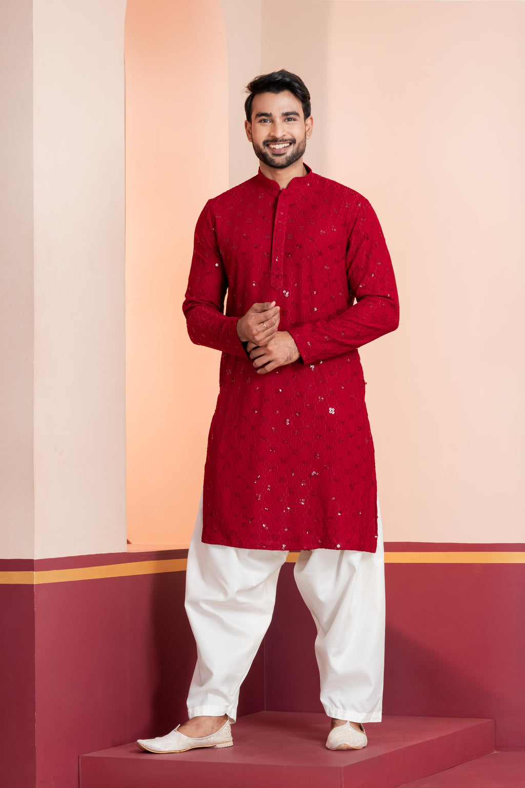 Zavaya Men Red Embroidery Cotton Blend Kurta Patiala Set | Grocsy