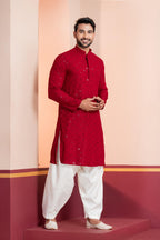 Zavaya Men Red Embroidery Cotton Blend Kurta Patiala Set | Grocsy