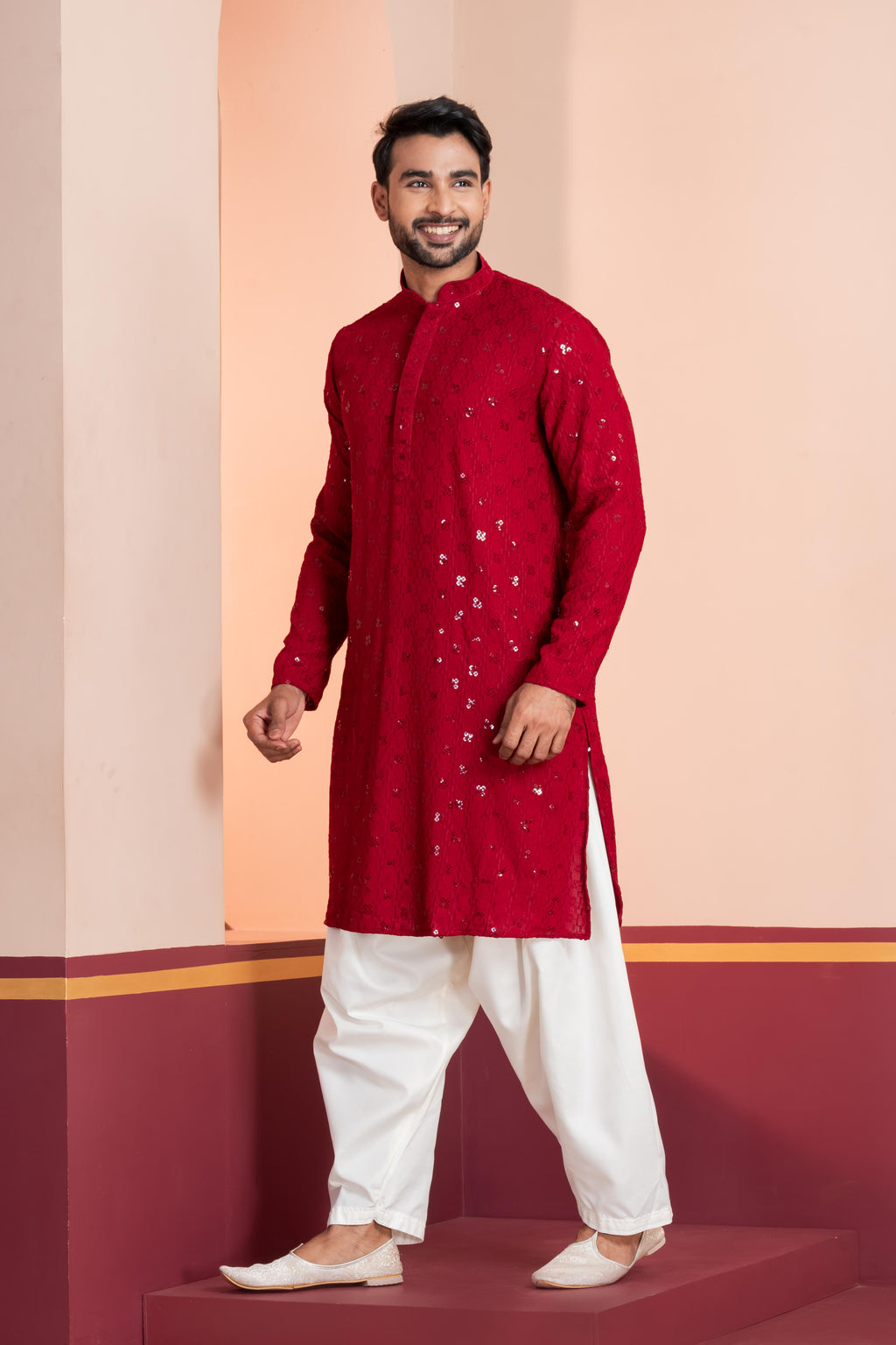 Zavaya Men Red Embroidery Cotton Blend Kurta Patiala Set | Grocsy