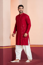 Zavaya Men Red Embroidery Cotton Blend Kurta Patiala Set | Grocsy