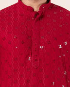 Zavaya Men Red Embroidery Cotton Blend Kurta Patiala Set | Grocsy