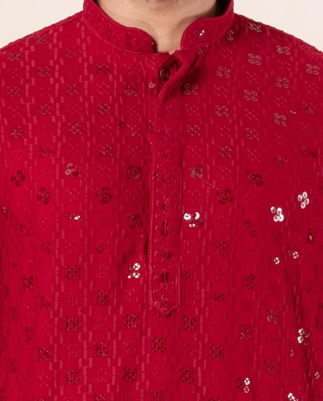Zavaya Men Red Embroidery Cotton Blend Kurta Patiala Set | Grocsy