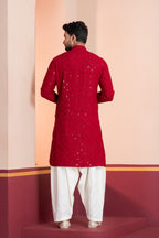 Zavaya Men Red Embroidery Cotton Blend Kurta Patiala Set | Grocsy