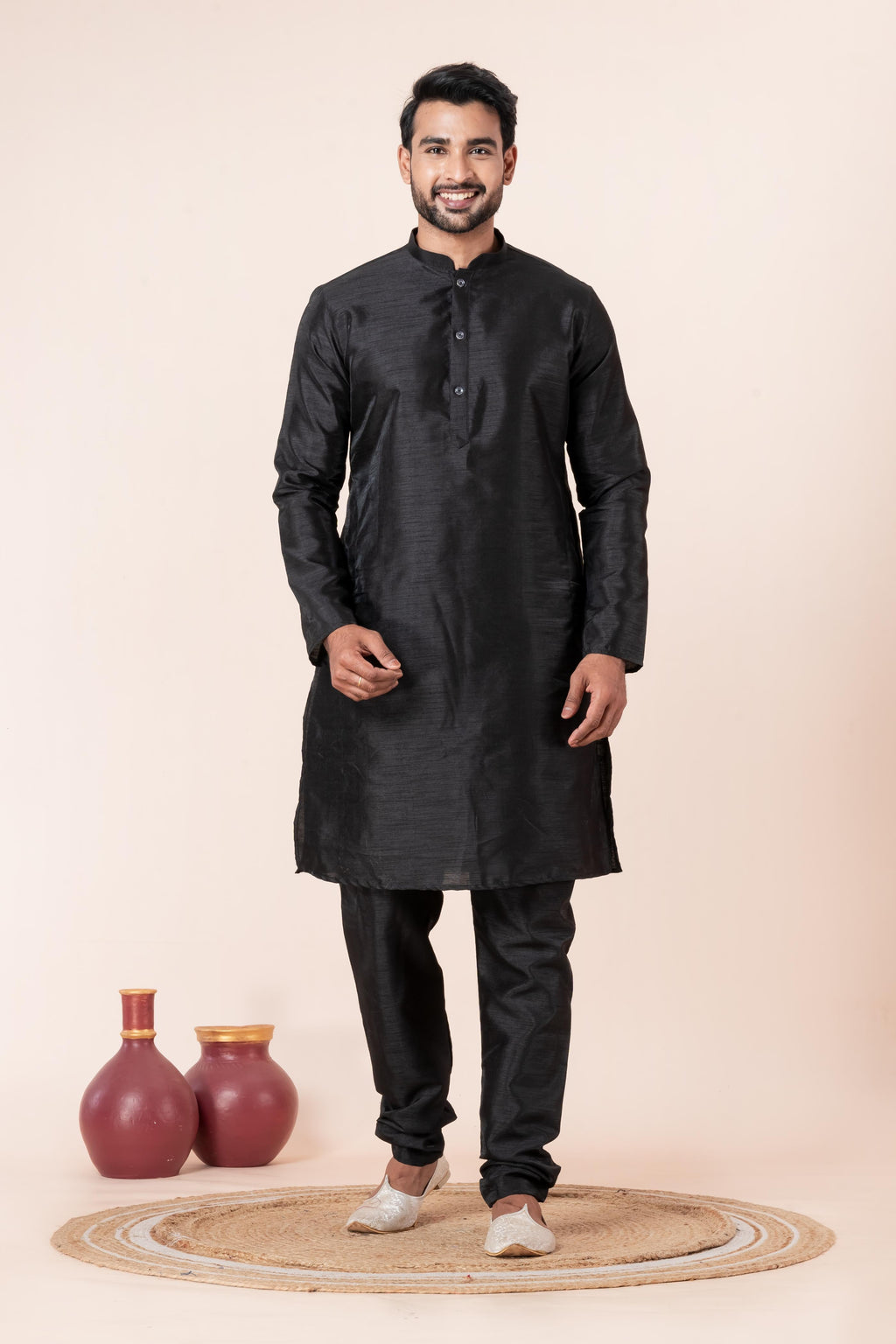 Zavaya Men Black Solid Banarasi Silk Kurta | Grocsy