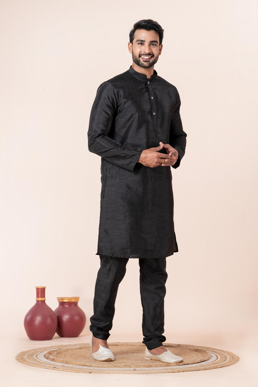 Zavaya Men Black Solid Banarasi Silk Kurta | Grocsy