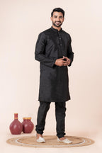 Zavaya Men Black Solid Banarasi Silk Kurta | Grocsy