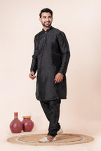 Zavaya Men Black Solid Banarasi Silk Kurta | Grocsy