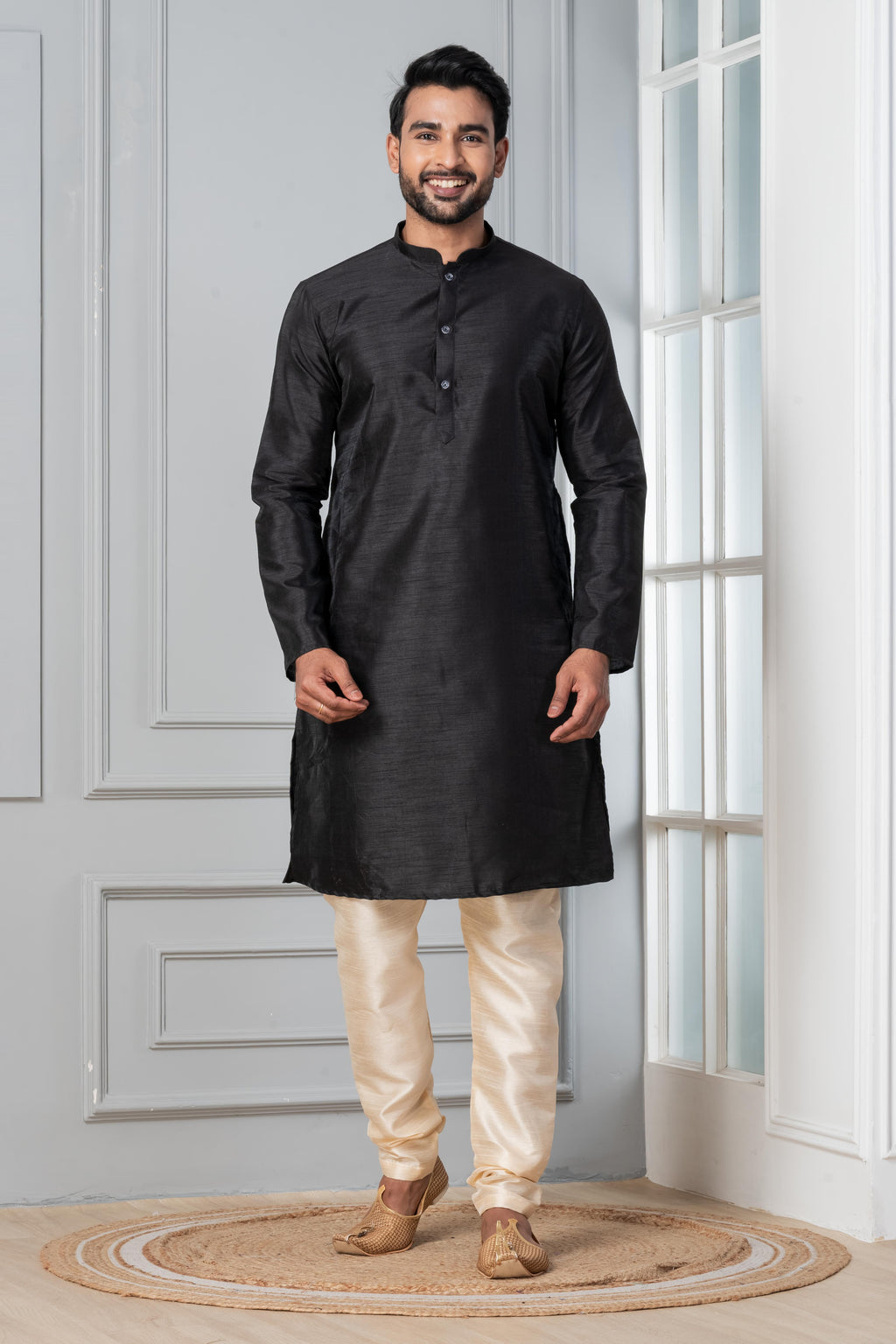 Zavaya Men Black Solid Banarasi Silk Kurta Churidar Set | Grocsy