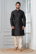 Zavaya Men Black Solid Banarasi Silk Kurta Churidar Set | Grocsy