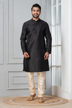 Zavaya Men Black Solid Banarasi Silk Kurta Churidar Set | Grocsy