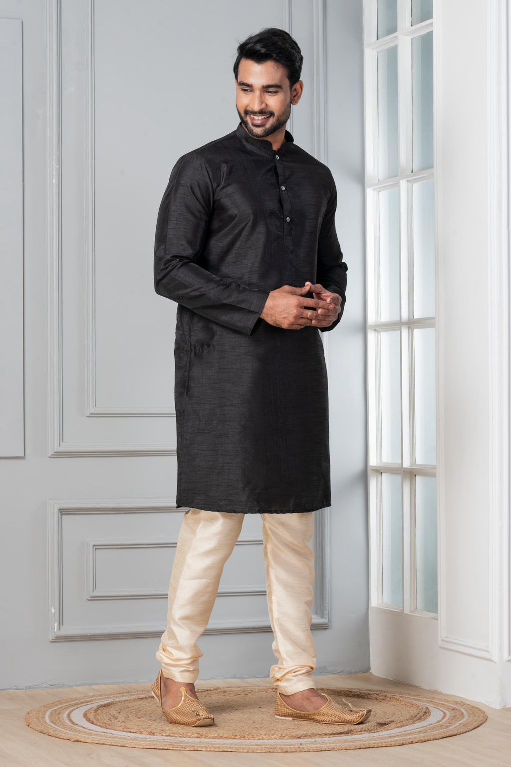 Zavaya Men Black Solid Banarasi Silk Kurta Churidar Set | Grocsy