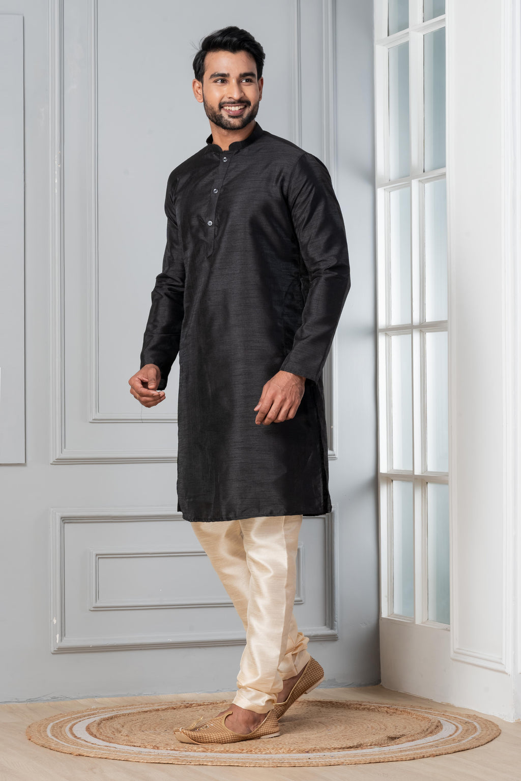 Zavaya Men Black Solid Banarasi Silk Kurta Churidar Set | Grocsy