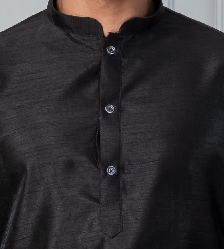 Zavaya Men Black Solid Banarasi Silk Kurta Churidar Set | Grocsy