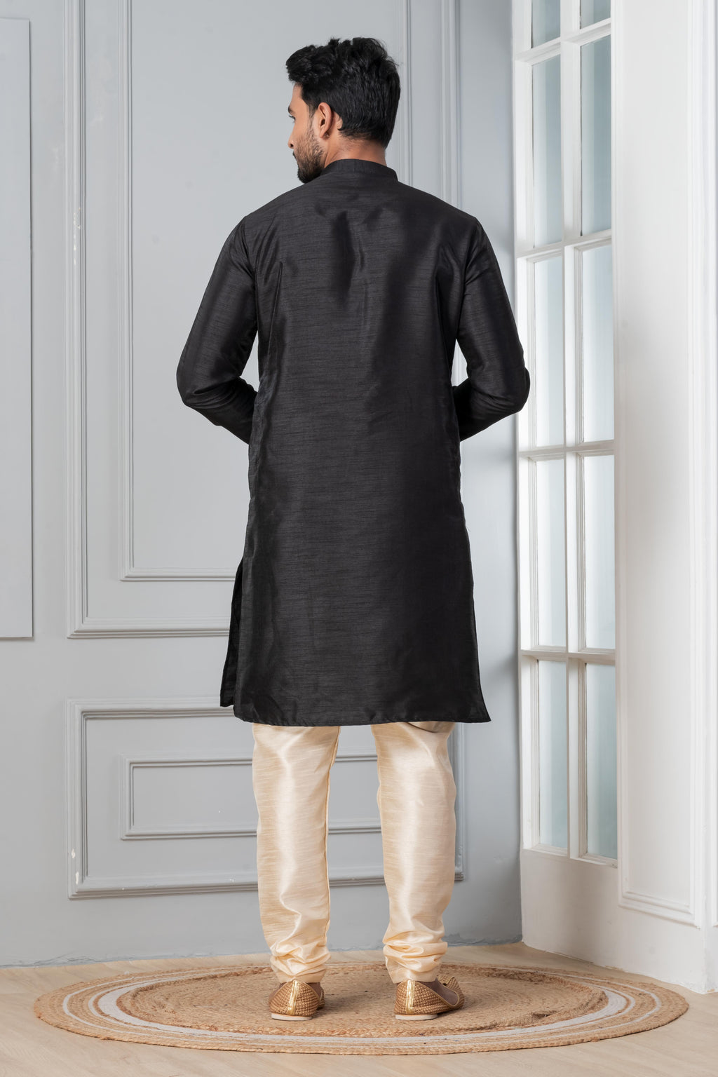 Zavaya Men Black Solid Banarasi Silk Kurta Churidar Set | Grocsy