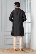 Zavaya Men Black Solid Banarasi Silk Kurta Churidar Set | Grocsy