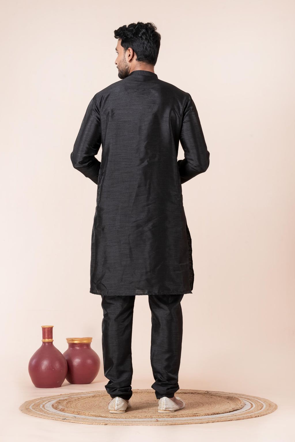 Zavaya Men Black Solid Banarasi Silk Kurta Churidar Set | Grocsy
