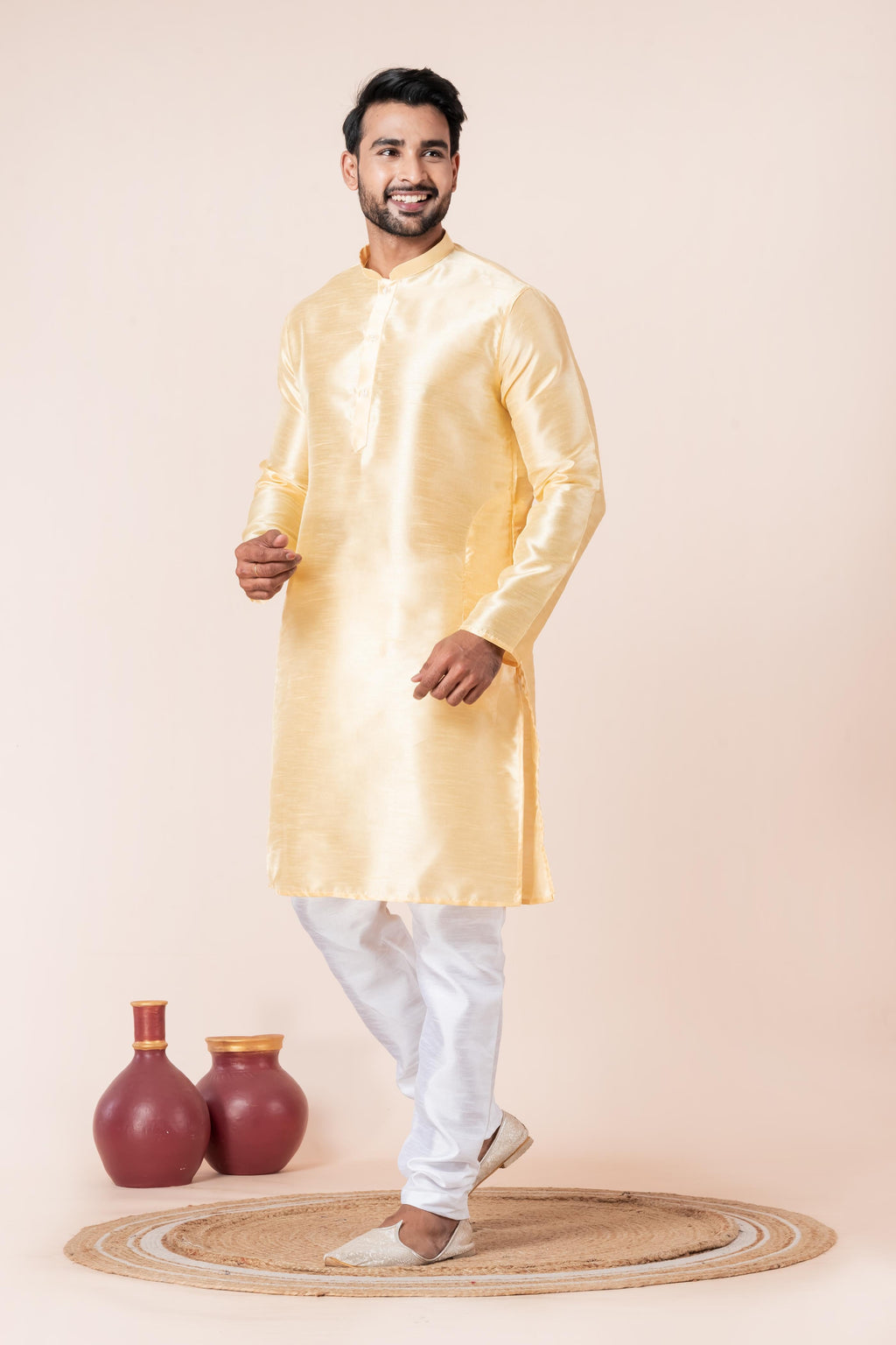Zavaya Men Yellow Solid Banarasi Silk Kurta | Grocsy