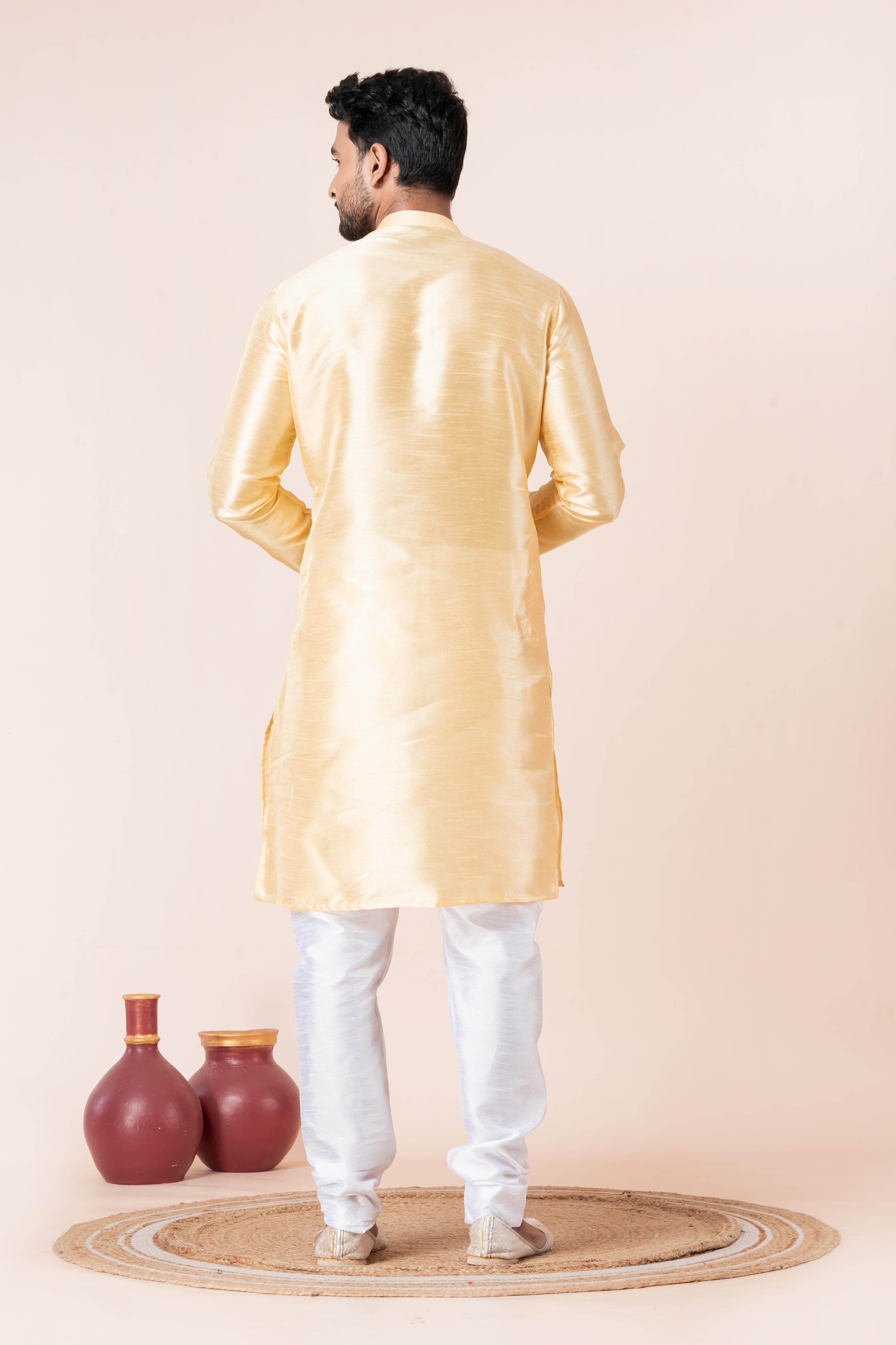 Zavaya Men Yellow Solid Banarasi Silk Kurta | Grocsy
