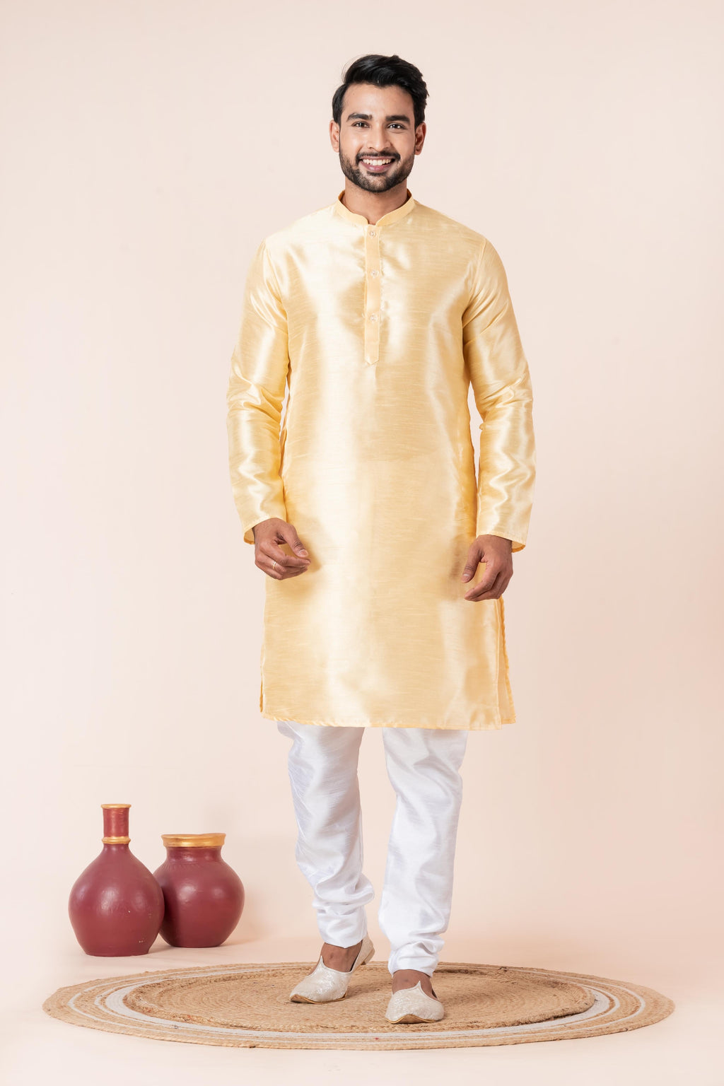 Zavaya Men Yellow Solid Banarasi Silk Kurta Churidar Set | Grocsy
