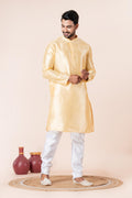 Zavaya Men Yellow Solid Banarasi Silk Kurta Churidar Set | Grocsy