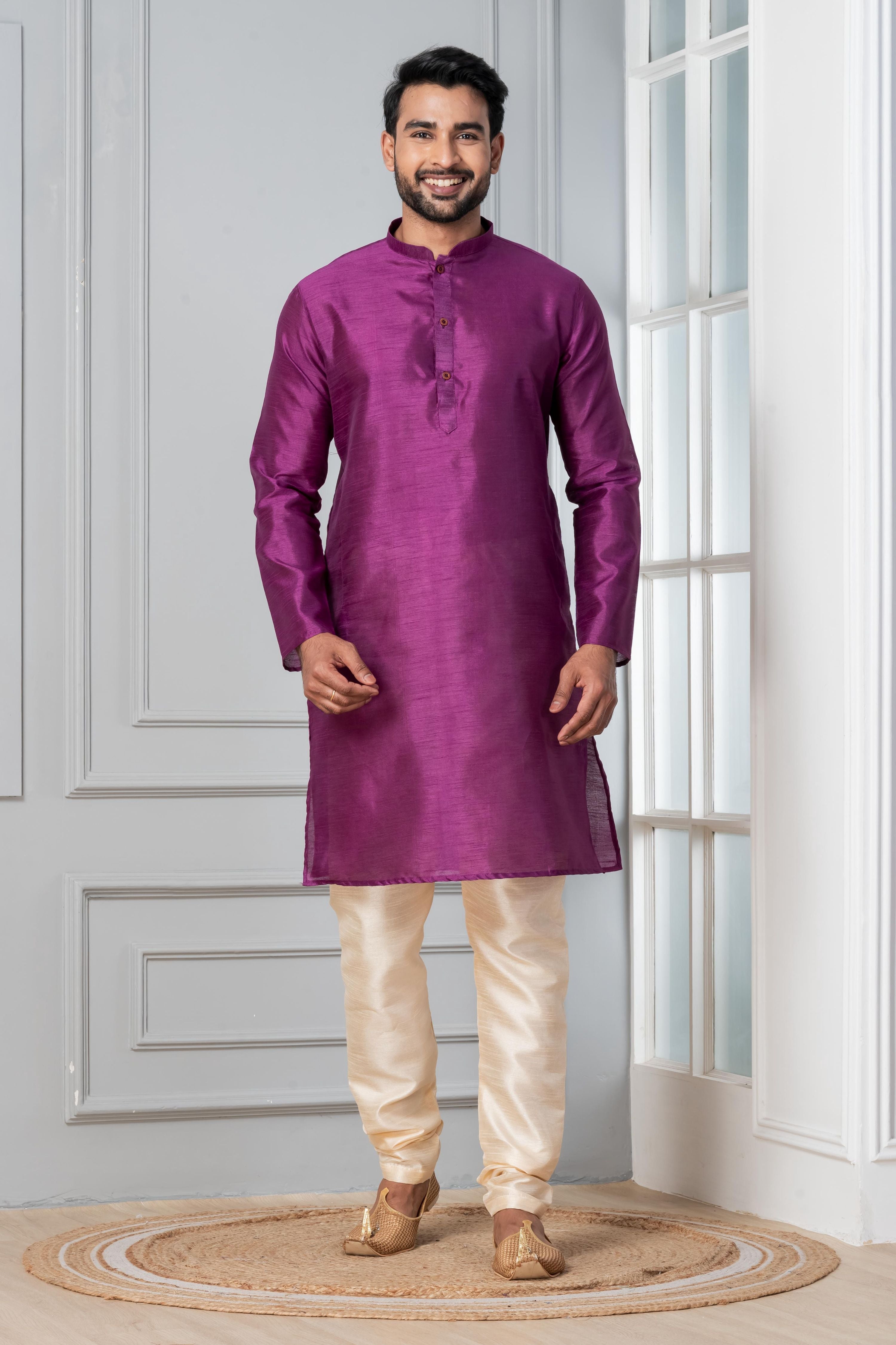 Zavaya Men Purple Solid Banarasi Silk Kurta | Grocsy