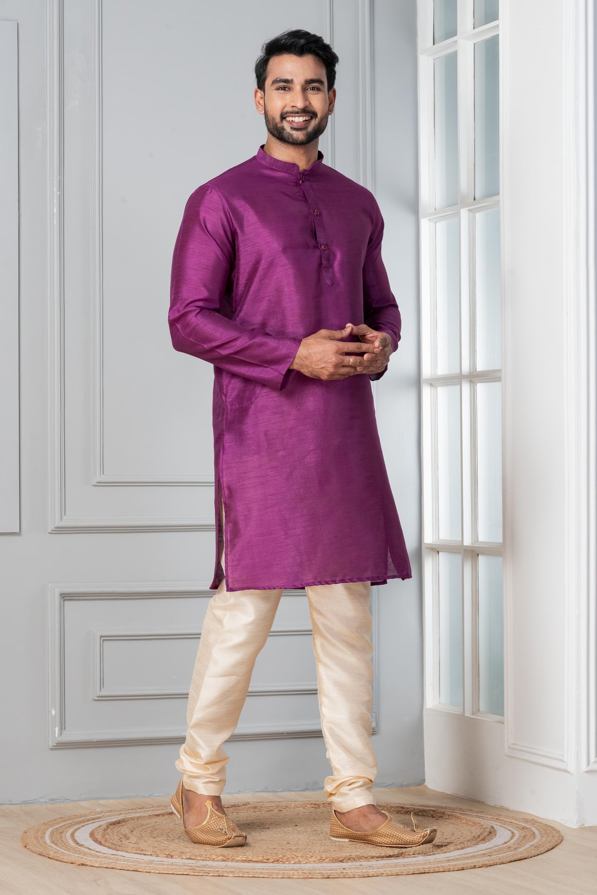 Zavaya Men Purple Solid Banarasi Silk Kurta | Grocsy