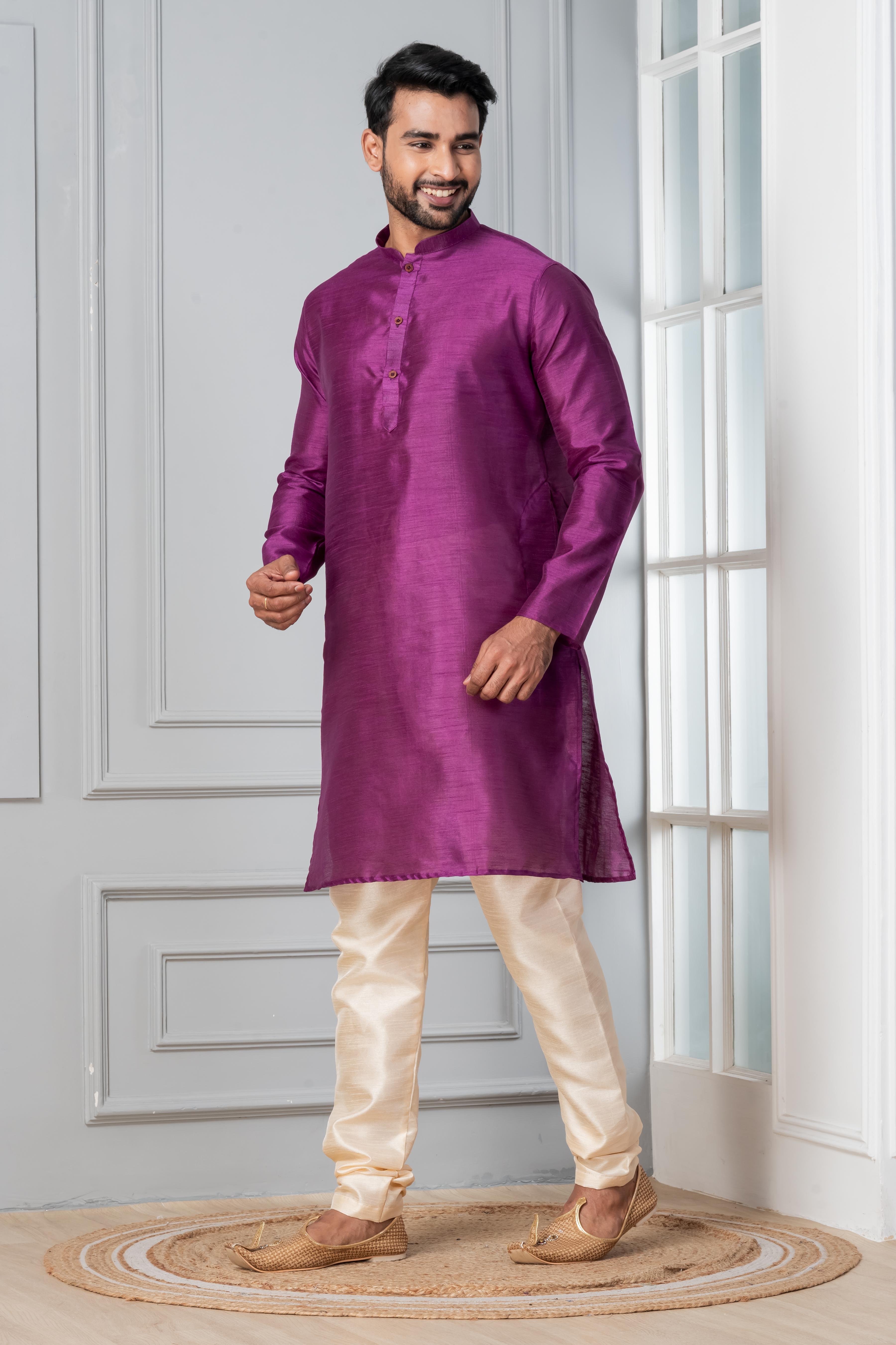 Zavaya Men Purple Solid Banarasi Silk Kurta | Grocsy