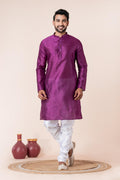 Zavaya Men Purple Solid Banarasi Silk Kurta Churidar Set | Grocsy