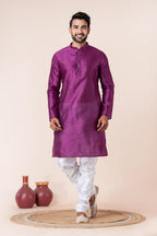 Zavaya Men Purple Solid Banarasi Silk Kurta Churidar Set | Grocsy