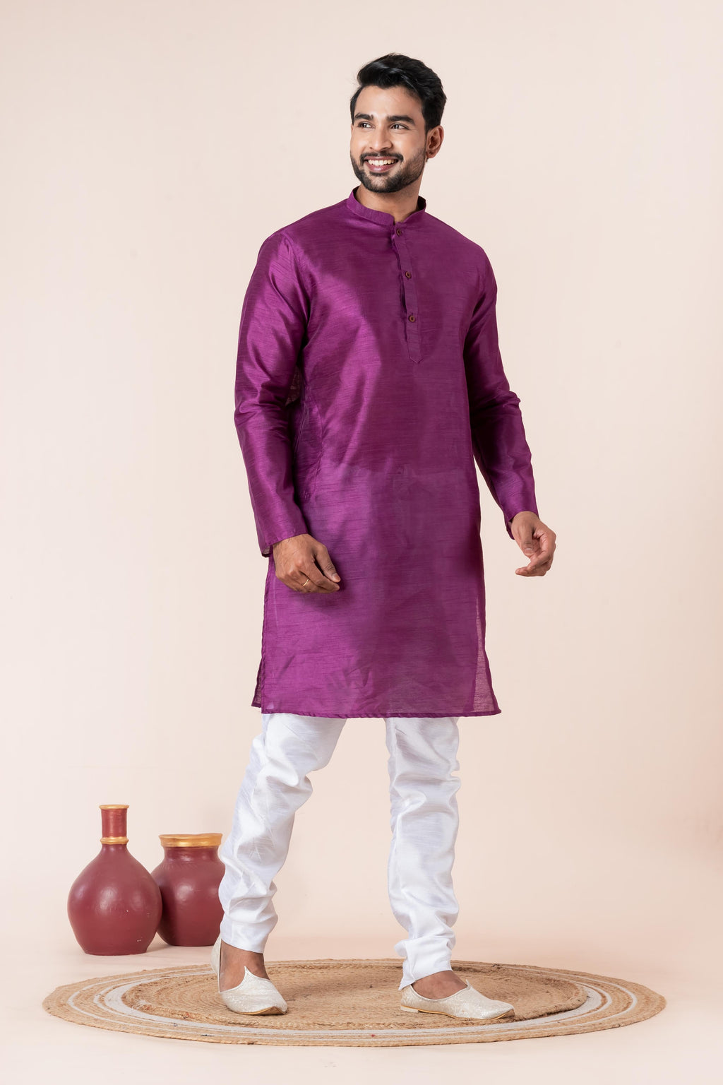 Zavaya Men Purple Solid Banarasi Silk Kurta Churidar Set | Grocsy