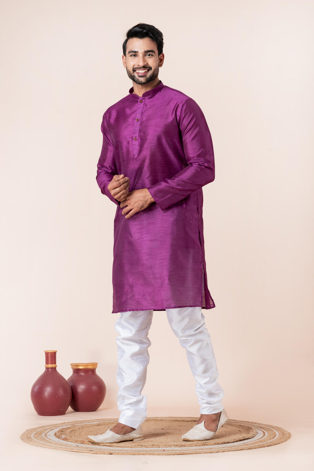 Zavaya Men Purple Solid Banarasi Silk Kurta Churidar Set | Grocsy