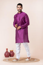 Zavaya Men Purple Solid Banarasi Silk Kurta Churidar Set | Grocsy