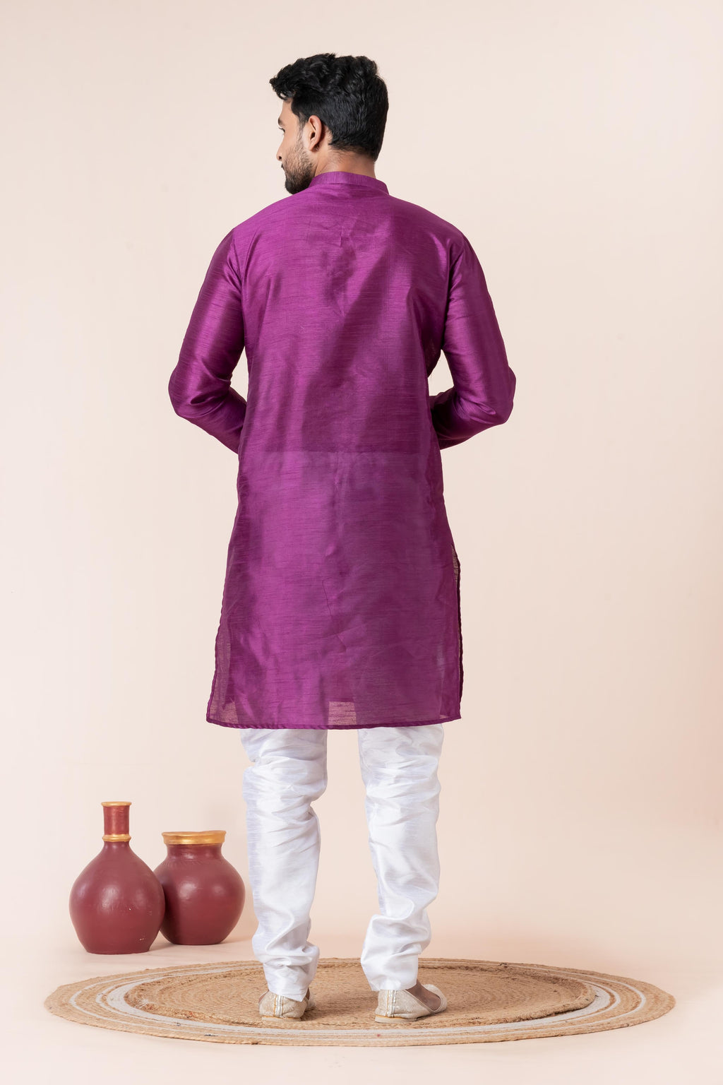 Zavaya Men Purple Solid Banarasi Silk Kurta Churidar Set | Grocsy
