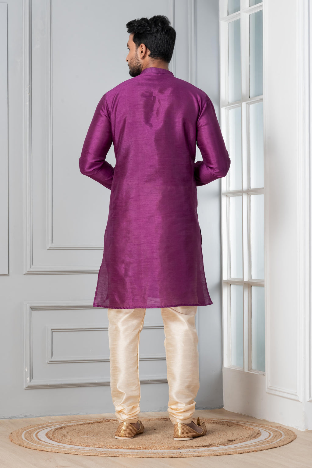 Zavaya Men Purple Solid Banarasi Silk Kurta Churidar Set | Grocsy