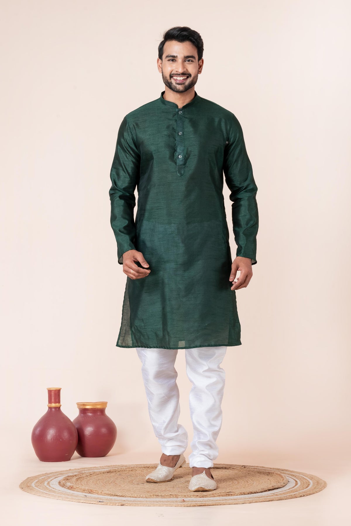 Zavaya Men Dark Green Solid Banarasi Silk Kurta | Grocsy