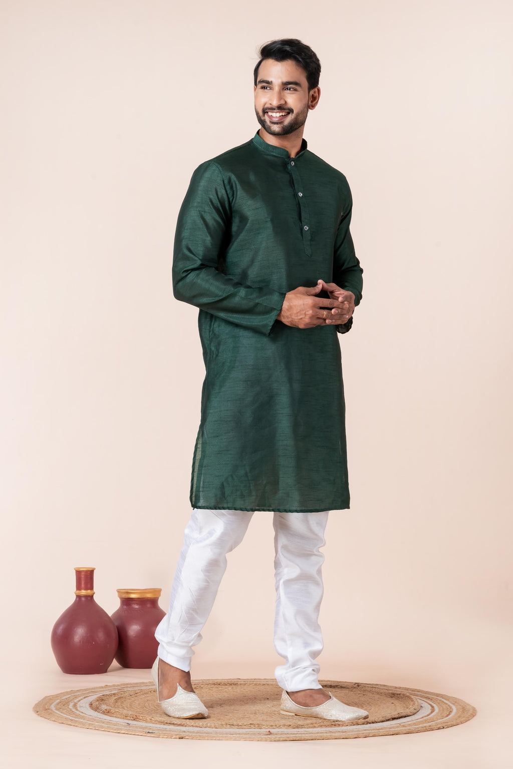Zavaya Men Dark Green Solid Banarasi Silk Kurta | Grocsy