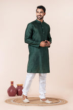 Zavaya Men Dark Green Solid Banarasi Silk Kurta | Grocsy