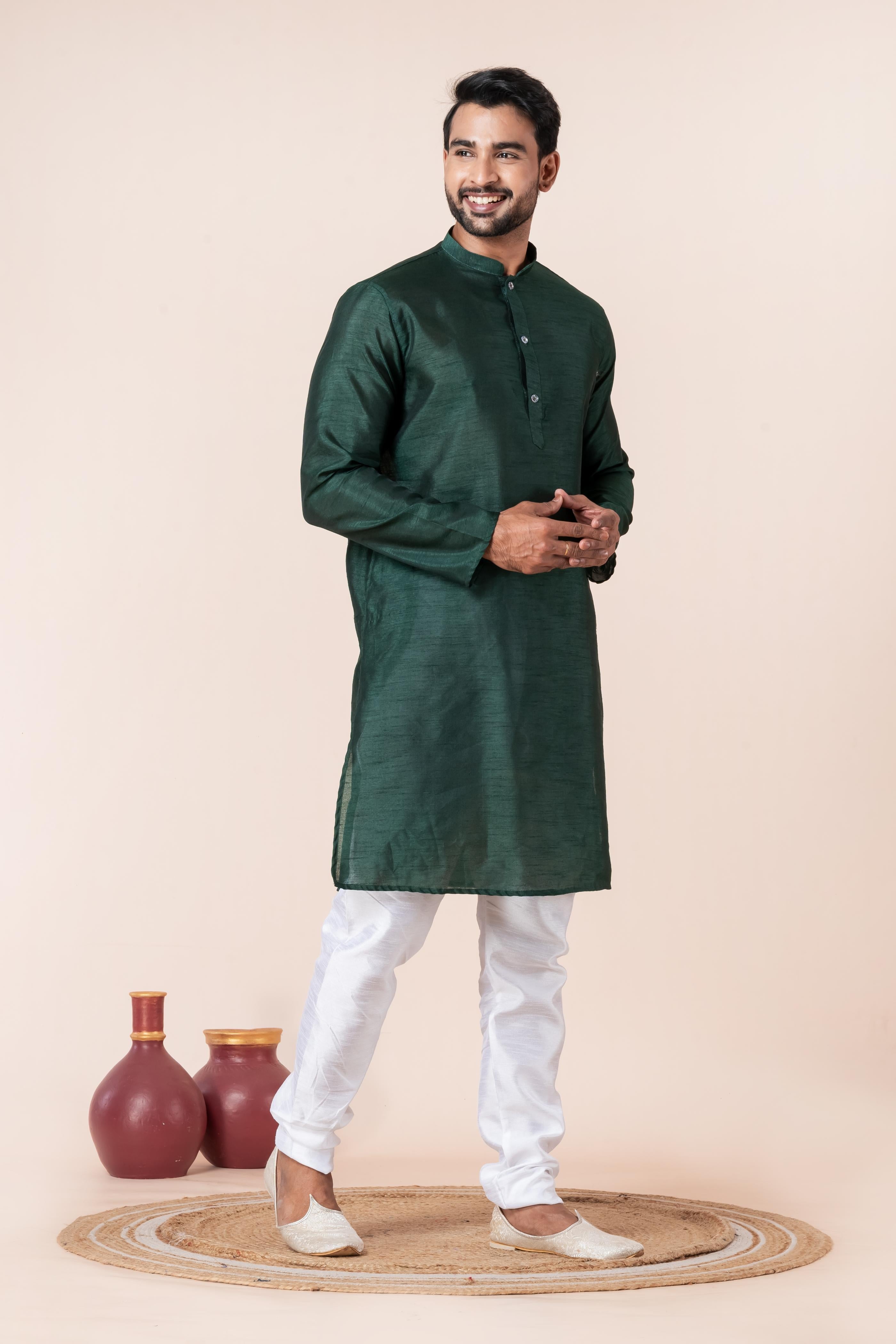 Zavaya Men Dark Green Solid Banarasi Silk Kurta | Grocsy