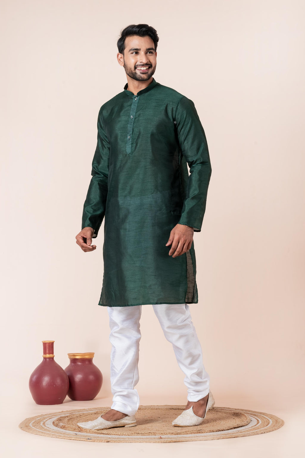 Zavaya Men Dark Green Solid Banarasi Silk Kurta | Grocsy
