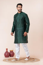 Zavaya Men Dark Green Solid Banarasi Silk Kurta | Grocsy