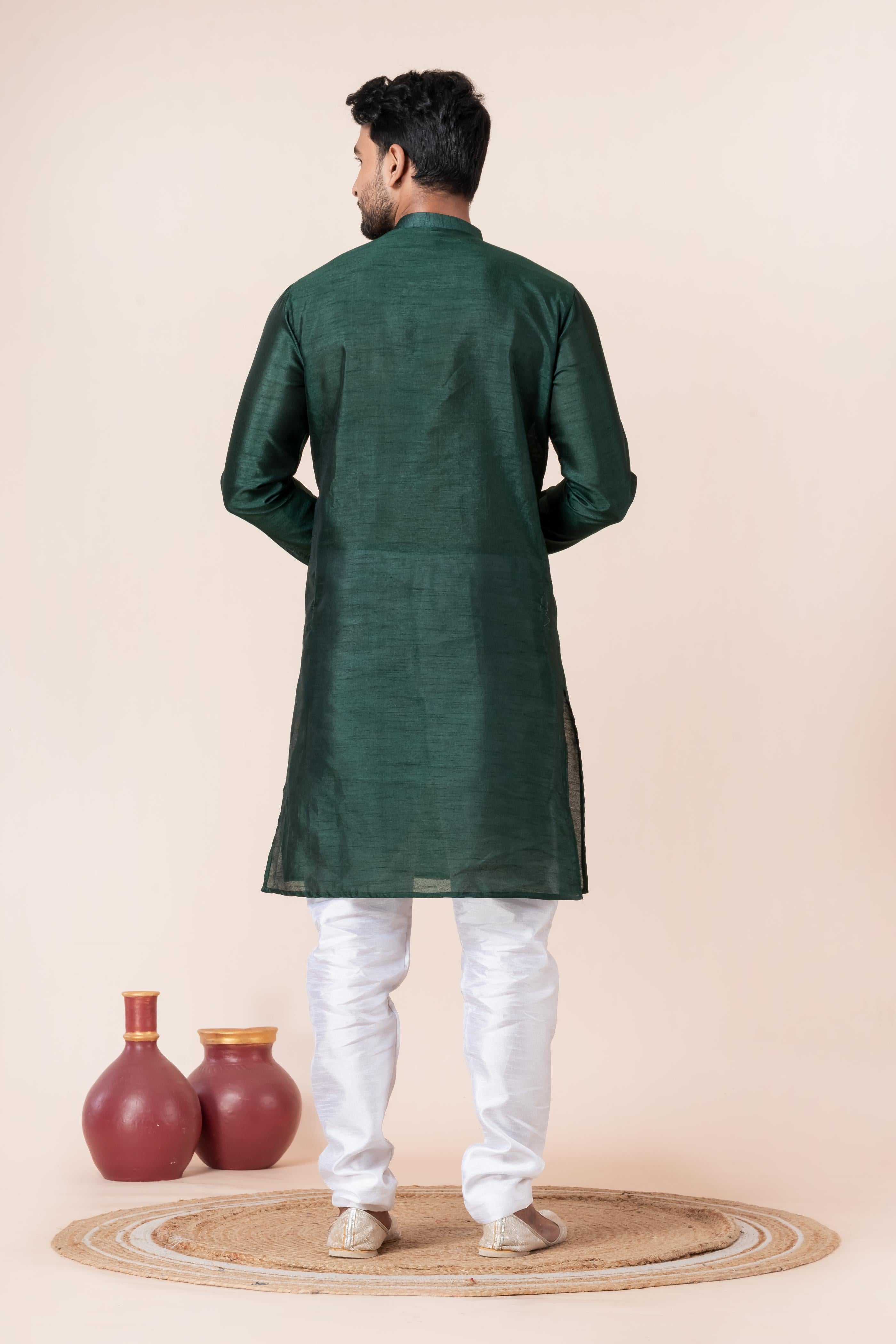 Zavaya Men Dark Green Solid Banarasi Silk Kurta | Grocsy