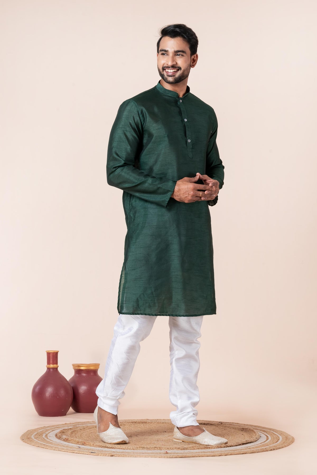 Zavaya Men Dark Green Solid Banarasi Silk Kurta Churidar Set | Grocsy
