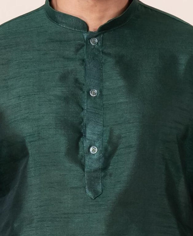 Zavaya Men Dark Green Solid Banarasi Silk Kurta Churidar Set | Grocsy