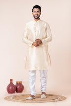 Zavaya Men Beige Solid Banarasi Silk Kurta | Grocsy