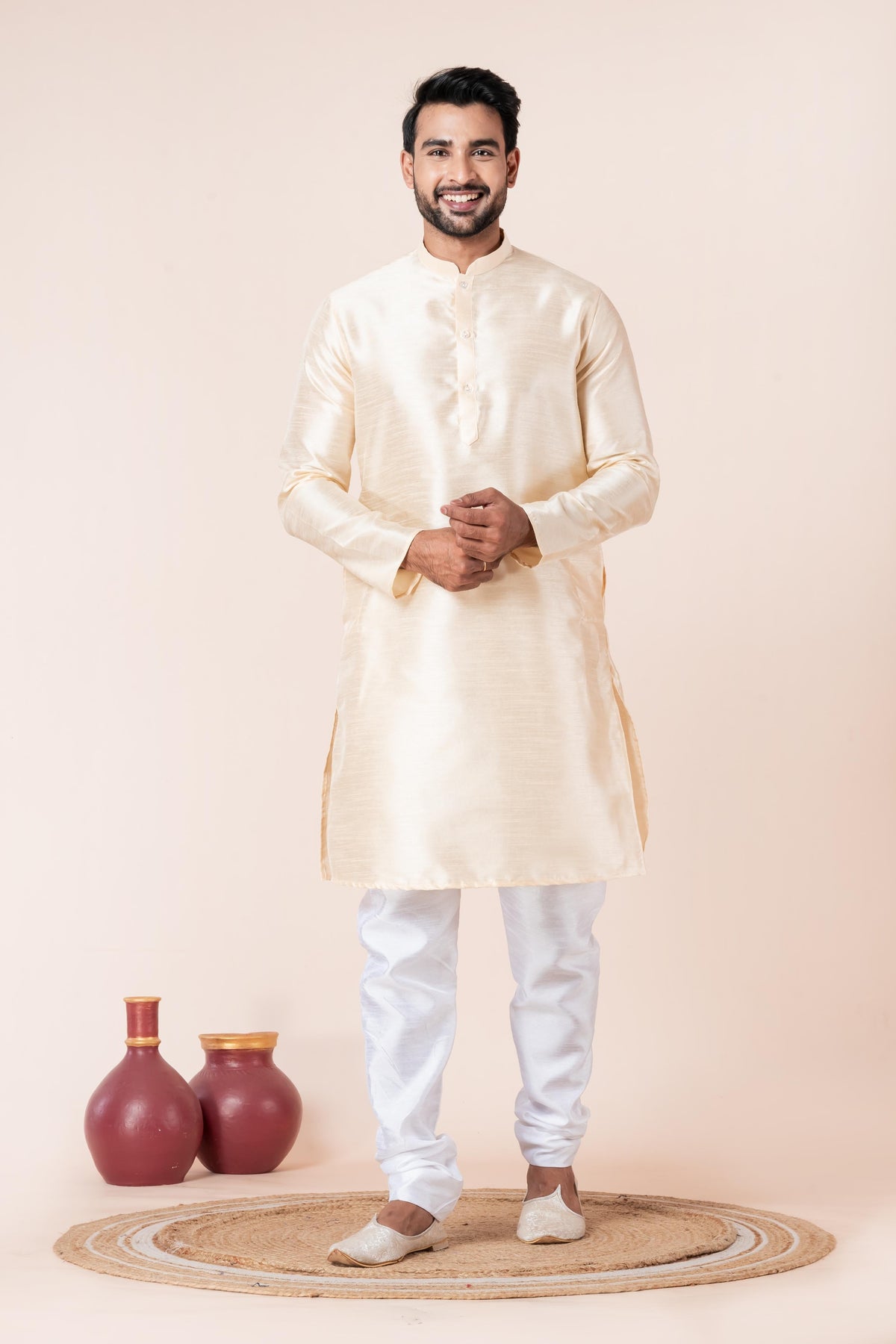 Zavaya Men Beige Solid Banarasi Silk Kurta | Grocsy