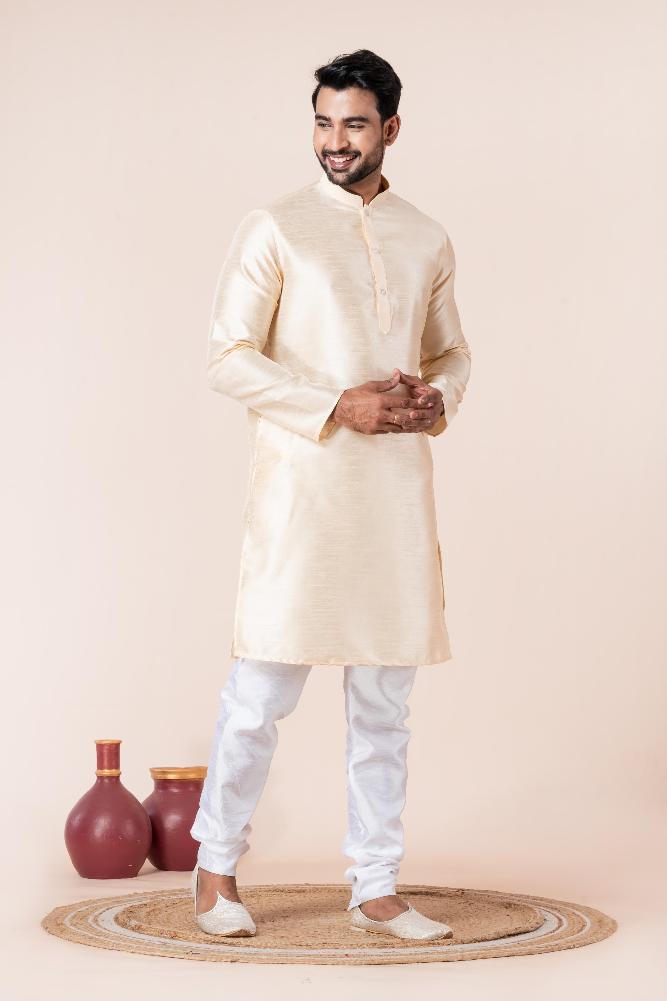 Zavaya Men Beige Solid Banarasi Silk Kurta | Grocsy