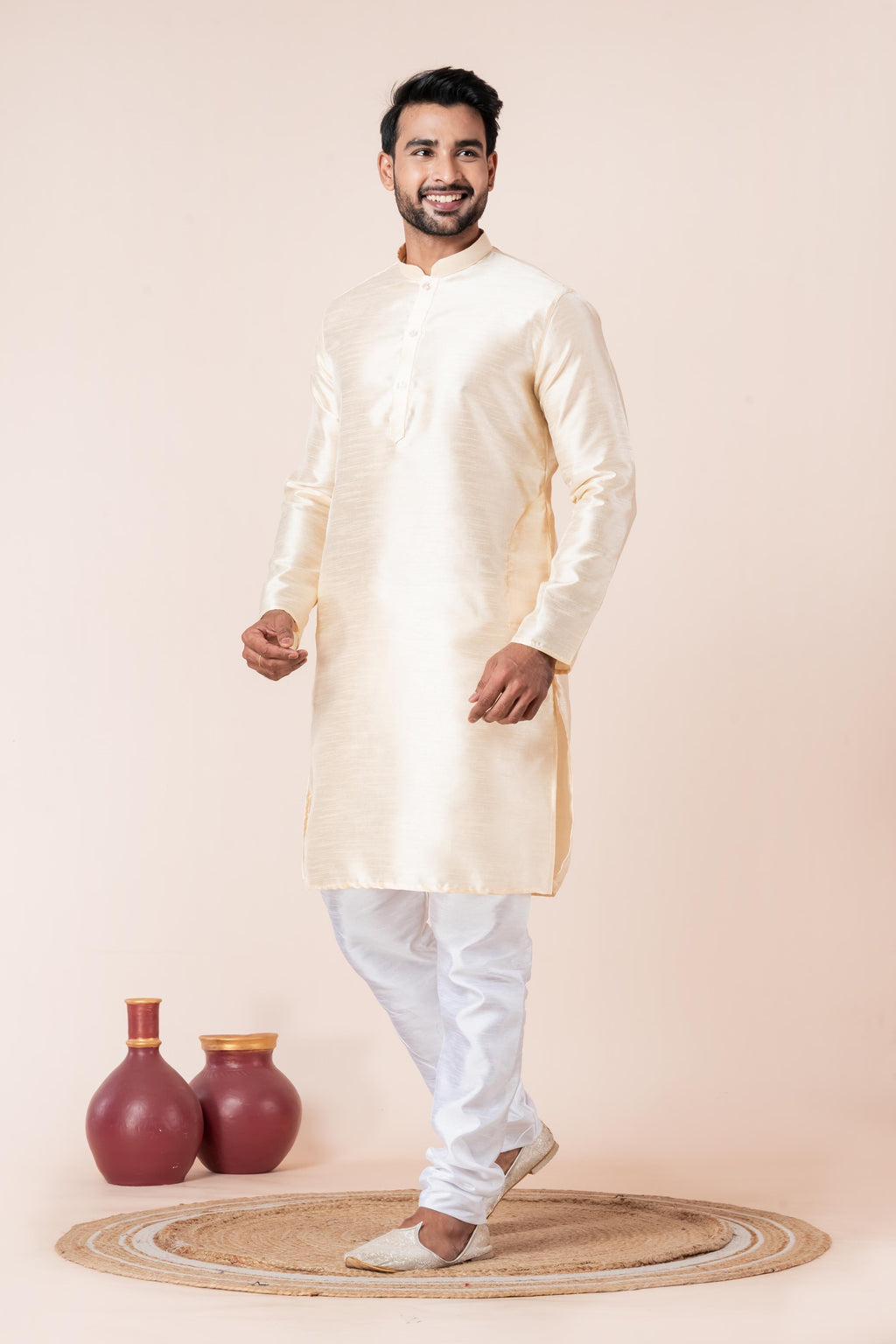 Zavaya Men Beige Solid Banarasi Silk Kurta | Grocsy