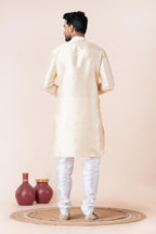 Zavaya Men Beige Solid Banarasi Silk Kurta | Grocsy