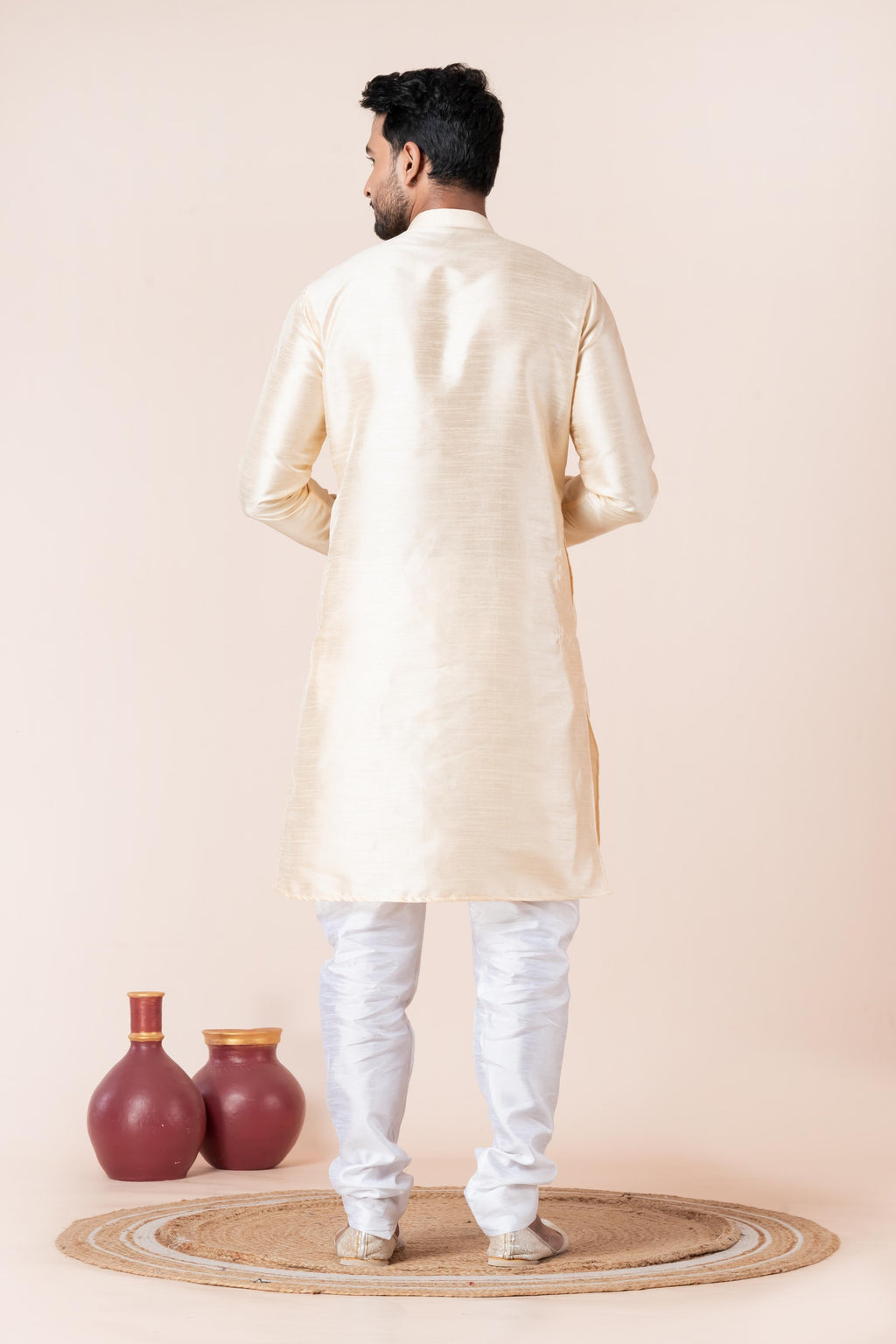Zavaya Men Beige Solid Banarasi Silk Kurta Churidar Set | Grocsy